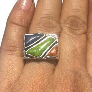 Native American Gaspeite Coral Lapis Sterling Silver Statement Ring Size 8